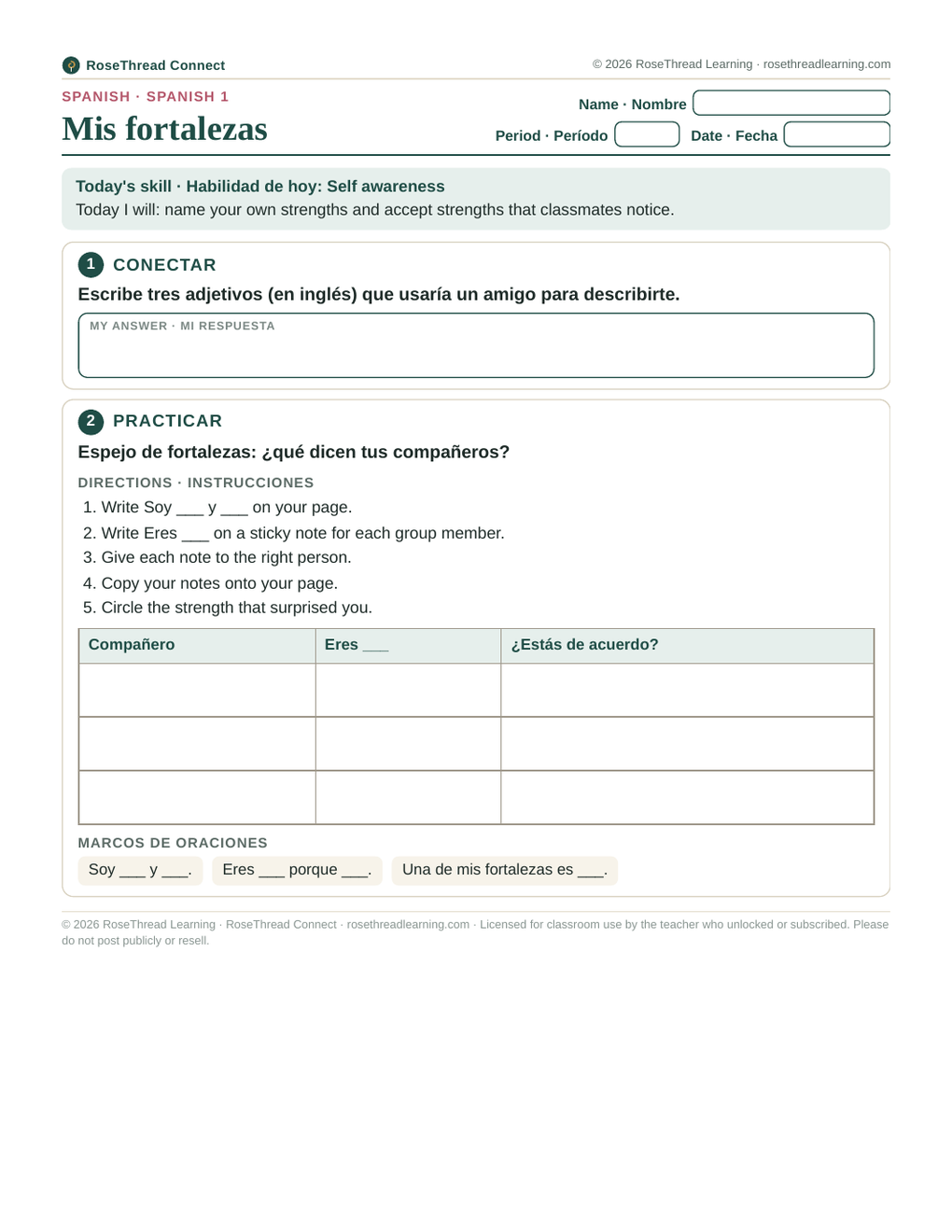Sample student worksheet with today's skill, connect, and practice sections
