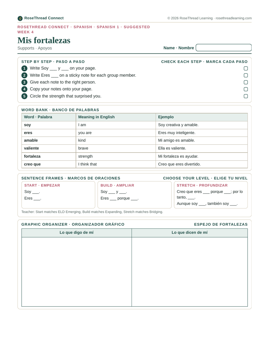 Sample supports page with word bank, leveled frames, and graphic organizer