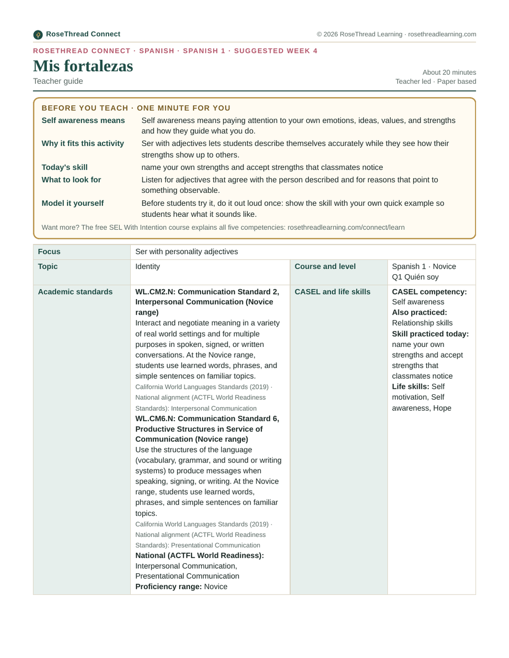 Sample teacher guide page with the one minute Before you teach box and the CASEL's SEL Framework competency