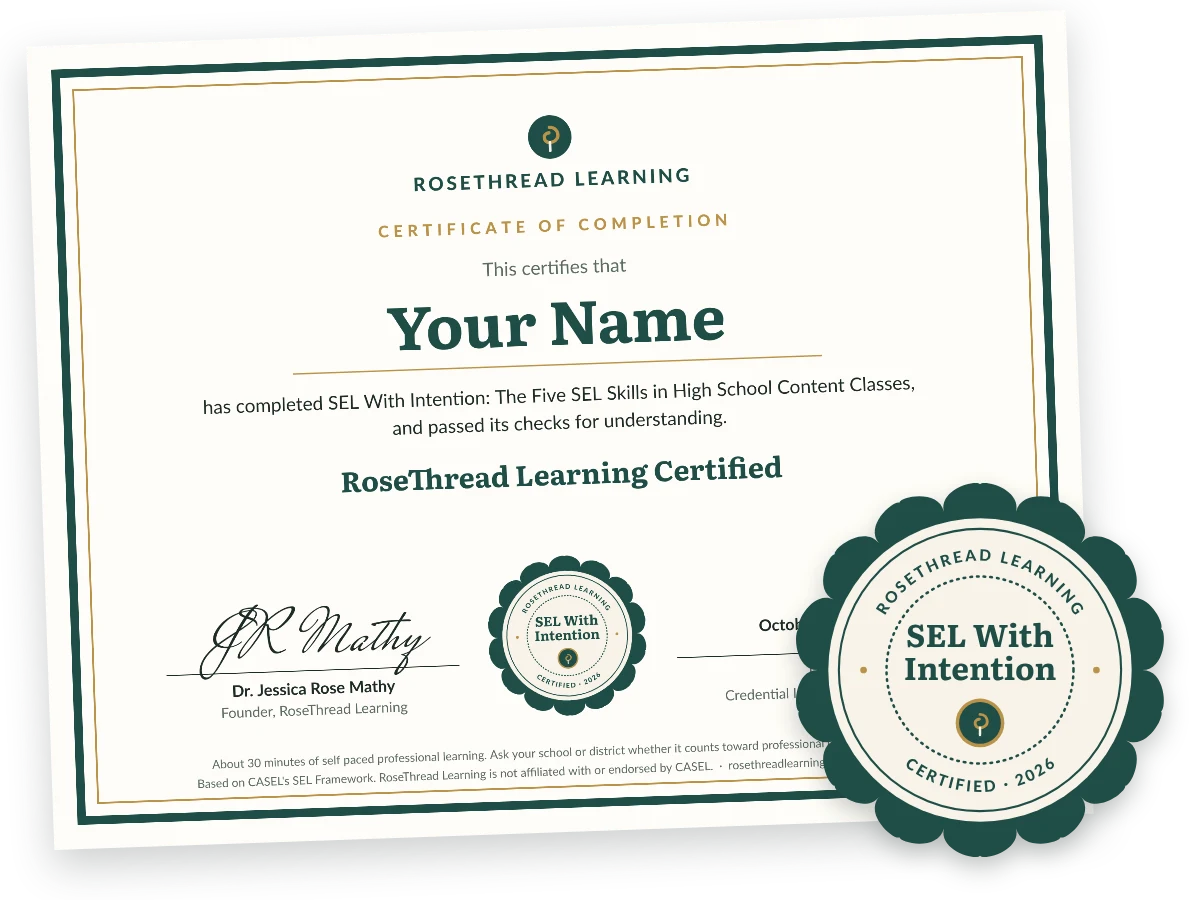 A sample SEL With Intention certificate of completion with the SEL With Intention badge